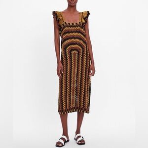 100% Cotton, Handmade Black, Brown and Yellow Crochet Midi Dress